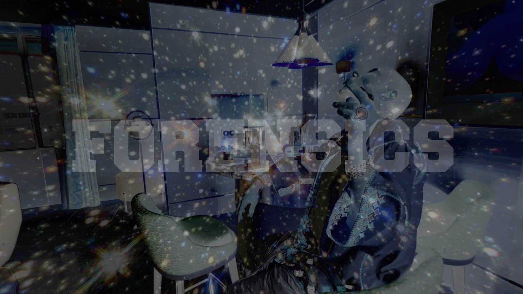 FORensics visual still with figure and cosmic overlay