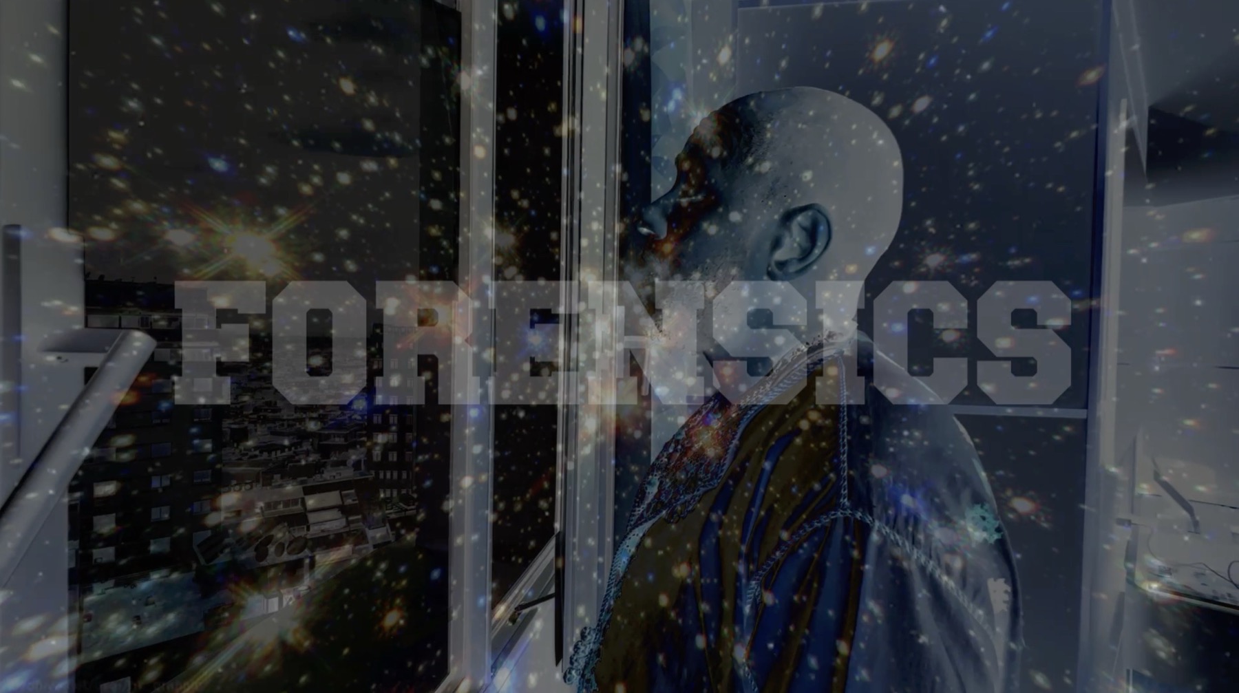 FORensics visual still with yasiin bey profile and city view