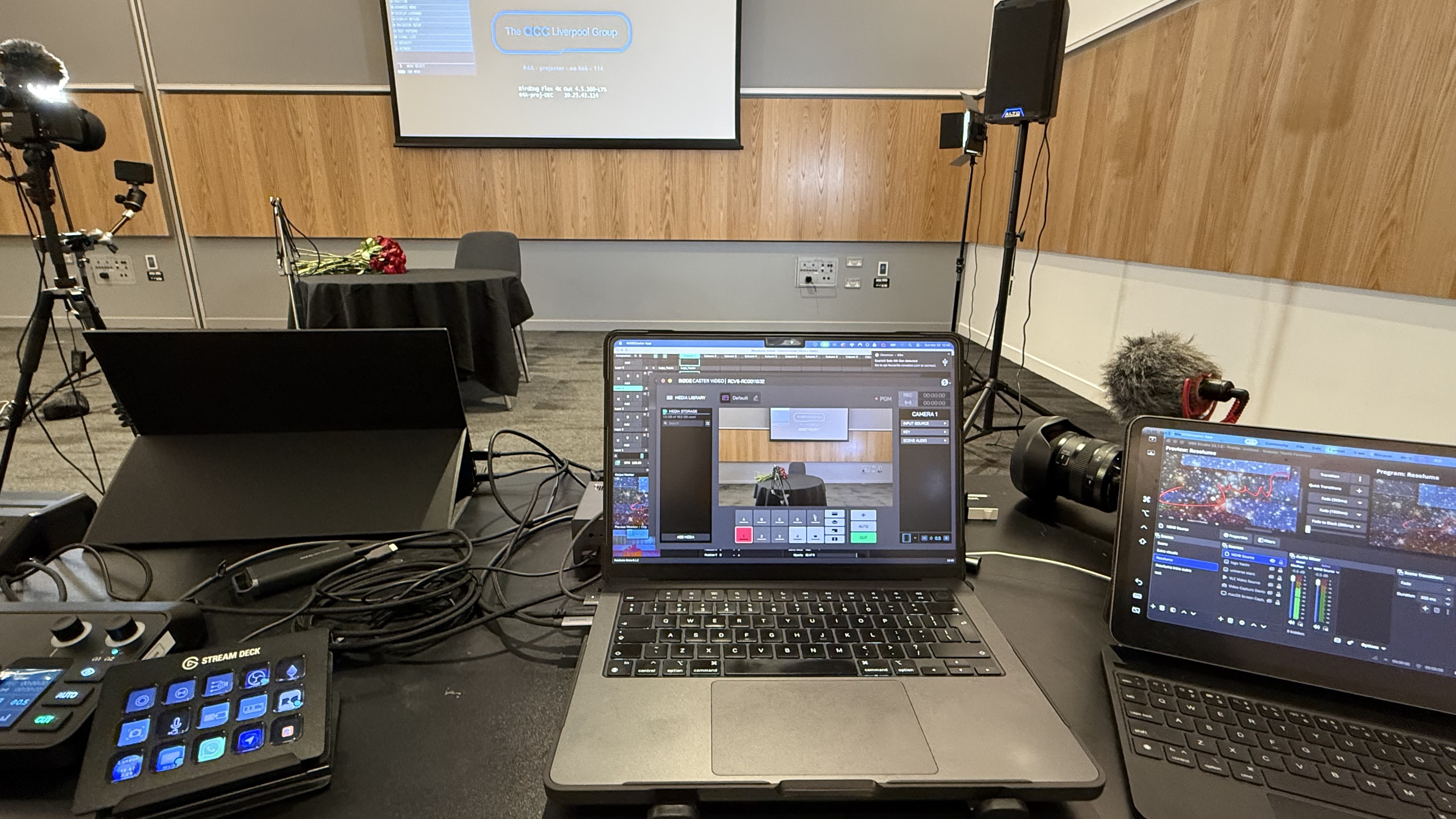 The Local Time Is Always Now livestream control setup in Liverpool with camera, laptops and stream deck