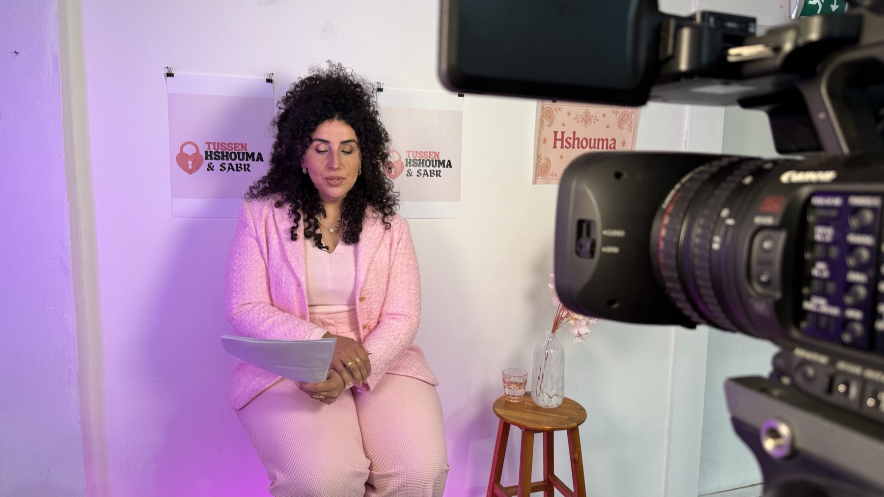 Camera framing host during podcast recording